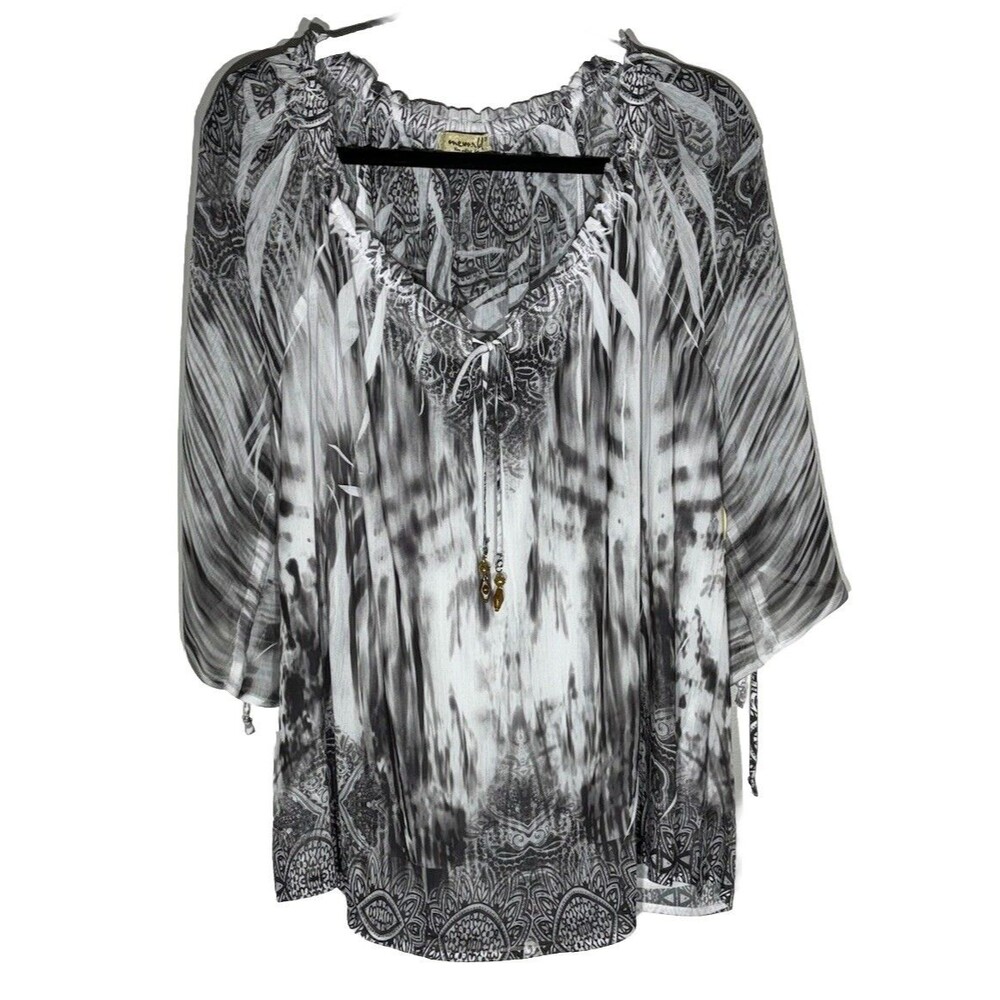 One World Womens Peasant Tunic Top Size 2X Plus Abstract Artsy Hippie Goth New